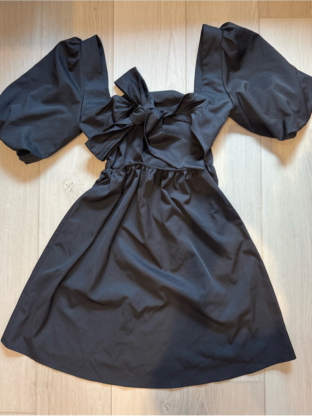 Black Puff-Sleeve Tie-Front Mini Dress